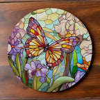 Stained Glass Butterfly Floral neoprene coasters by Laser Design Creations, featuring a colourful mosaic butterfly sipping nectar from beautiful garden blossoms.