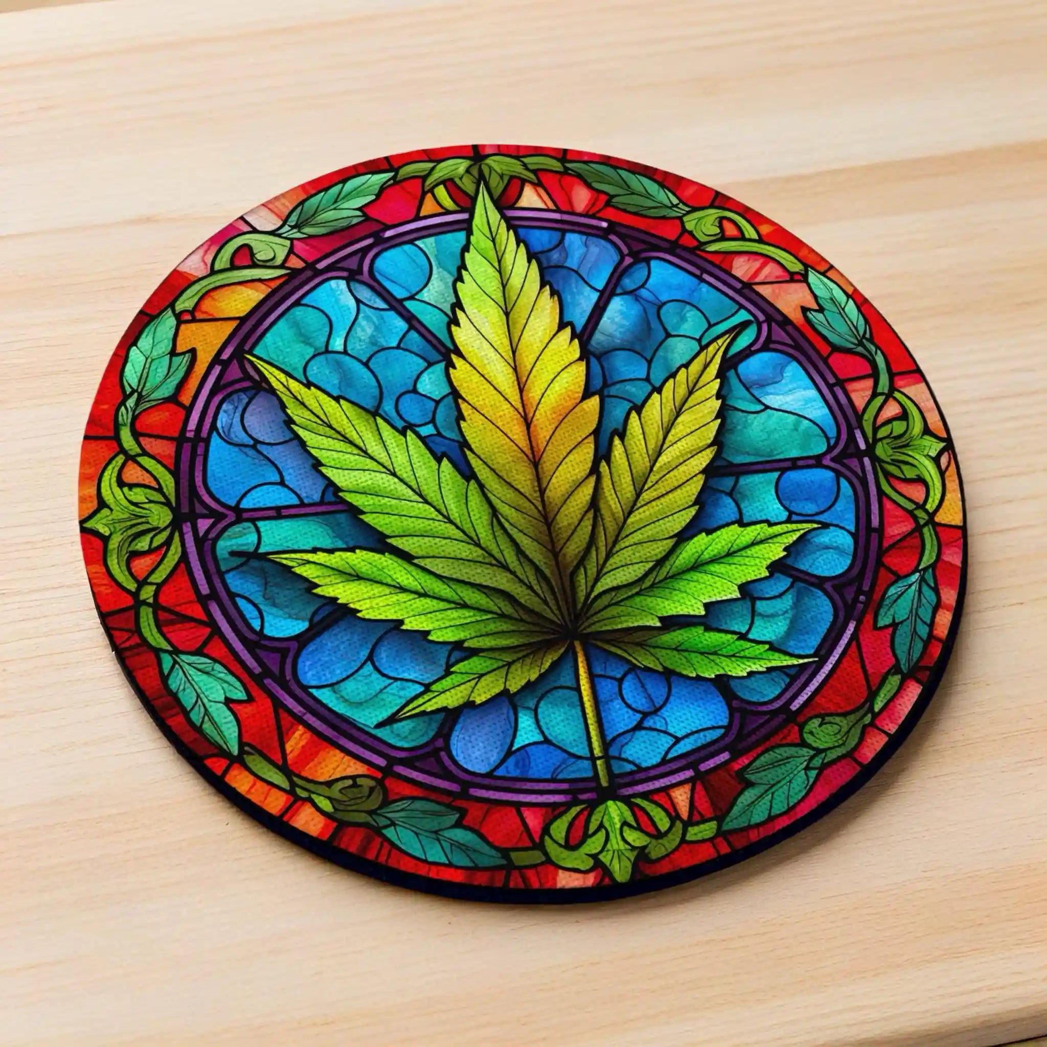 Side view of Colourful Stained Glass Cannabis Leaf neoprene coasters, showcasing a vibrant bohemian weed leaf design with multicoloured panels reflecting light by Laser Design Creations.