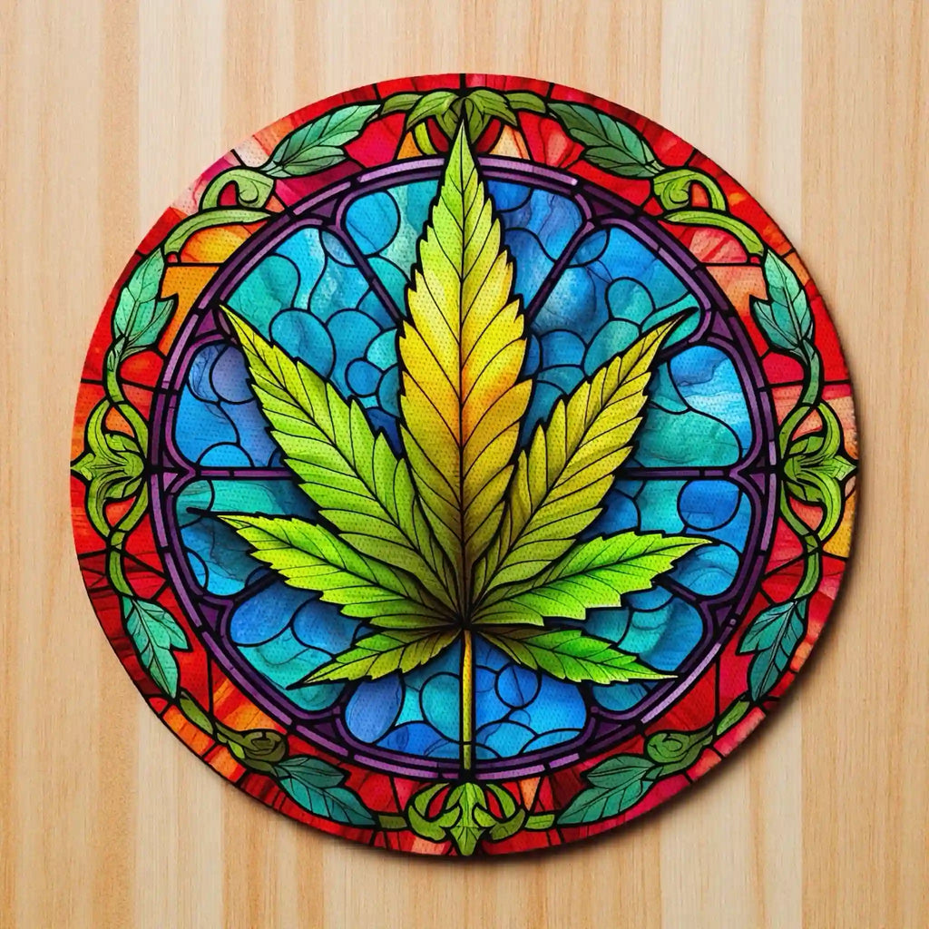 Colourful Stained Glass Cannabis Leaf neoprene coasters by Laser Design Creations, featuring a rich, multicoloured bohemian weed leaf artwork with faux lead lines.