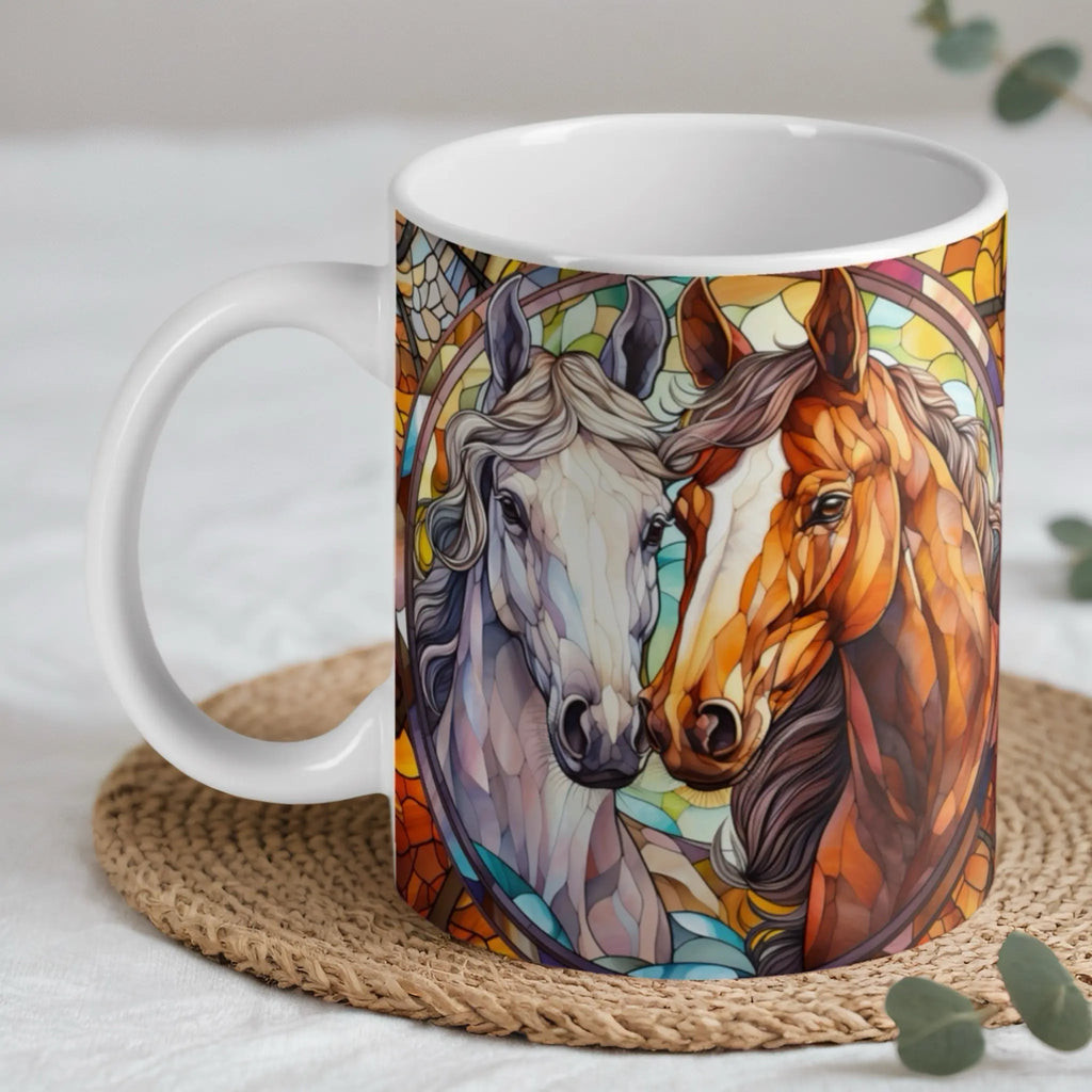 Stained glass two horses ceramic mug by Laser Design Creations, featuring a vibrant equestrian art style.