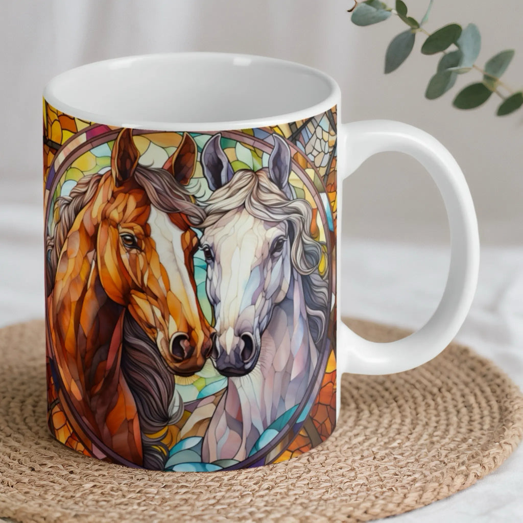 Reverse side of stained glass two horses ceramic mug, showcasing the wrap-around artwork by Laser Design Creations.
