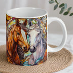 Reverse side of stained glass two horses ceramic mug, showcasing the wrap-around artwork by Laser Design Creations.