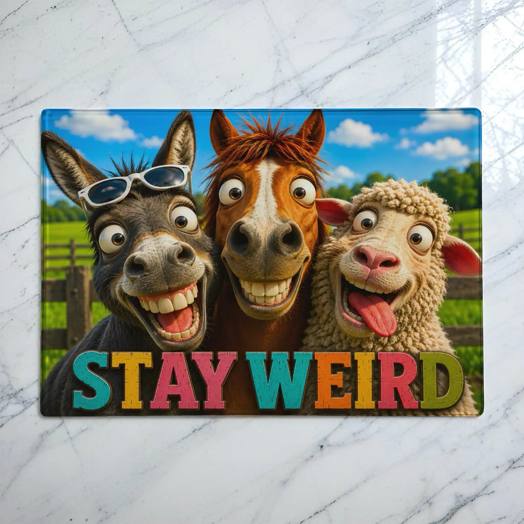 Stay Weird funny farm animals goofy cartoon donkey, horse, and sheep glass chopping board from Laser Design Creations