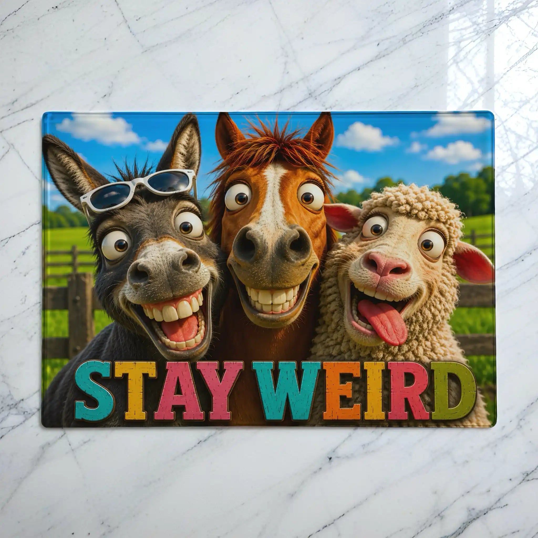 Stay Weird funny farm animals goofy cartoon donkey, horse, and sheep glass chopping board from Laser Design Creations