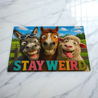 Goofy 3D cartoon farm animals glass chopping board from Laser Design Creations featuring a vibrant donkey, horse, and sheep pulling funny faces alongside the quote STAY WEIRD.