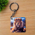Stunning Lion Portrait keyring by Laser Design Creations, featuring a powerful and majestic lion against a golden sunset.