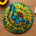Blue Butterfly Sunflower Stained Glass neoprene coasters by Laser Design Creations, featuring a colourful stained glass design of a blue butterfly perched on a vibrant yellow sunflower.