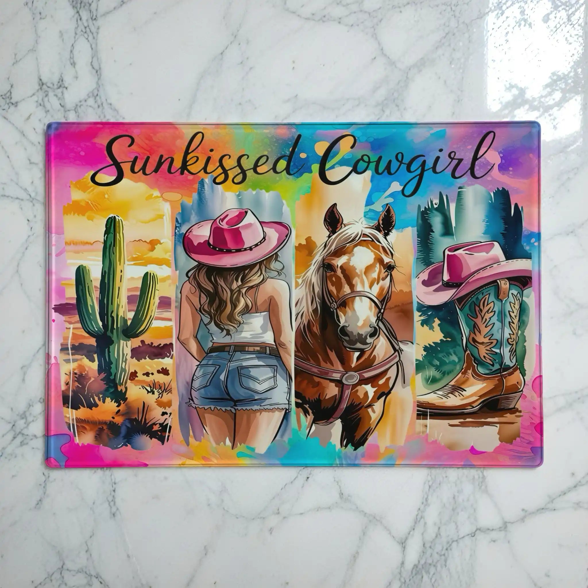 Vibrant watercolour collage Sunkissed Cowgirl desert horse glass chopping board from Laser Design Creations