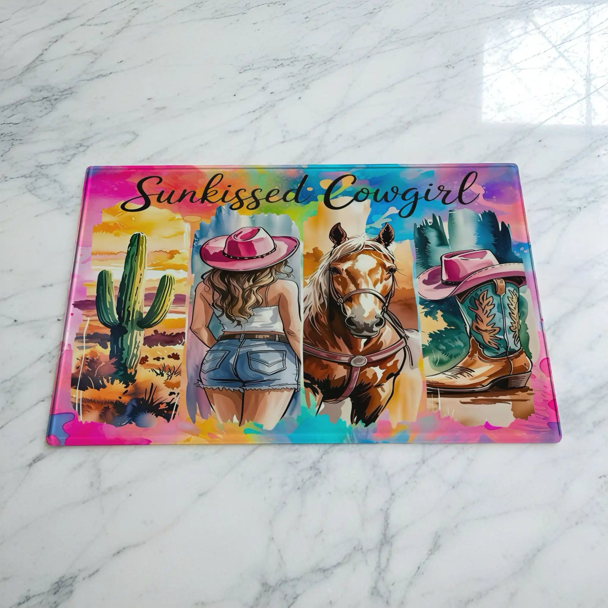 Sunkissed Cowgirl glass chopping board by Laser Design Creations, featuring a colourful country horse and desert elements in a vibrant watercolour collage background.