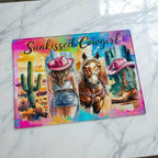 Vibrant watercolour collage desert horse glass chopping board from Laser Design Creations featuring the text Sunkissed Cowgirl and a colourful country theme.