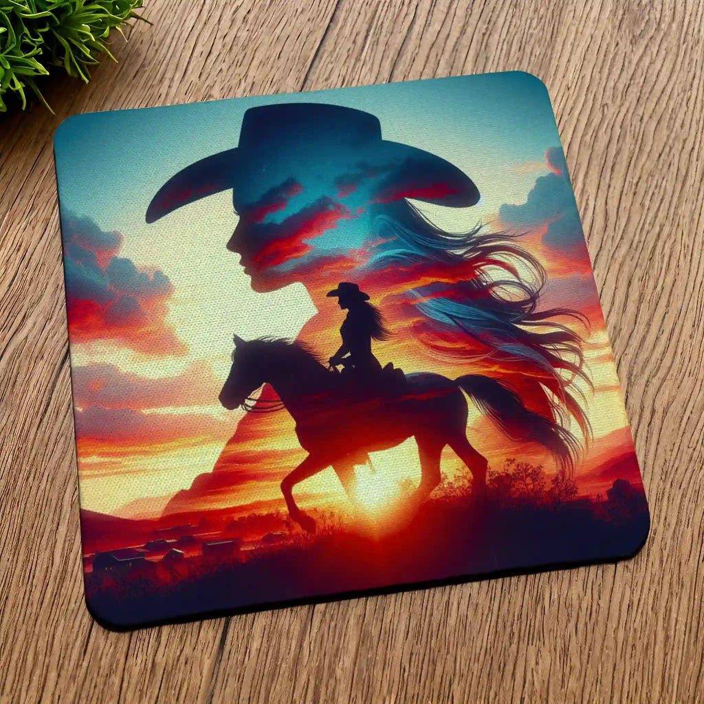Side view of Sunset Cowgirl Silhouette style 1 neoprene coasters, showcasing a double exposure silhouette of a cowgirl and her horse against a rustic western sunset background by Laser Design Creations.