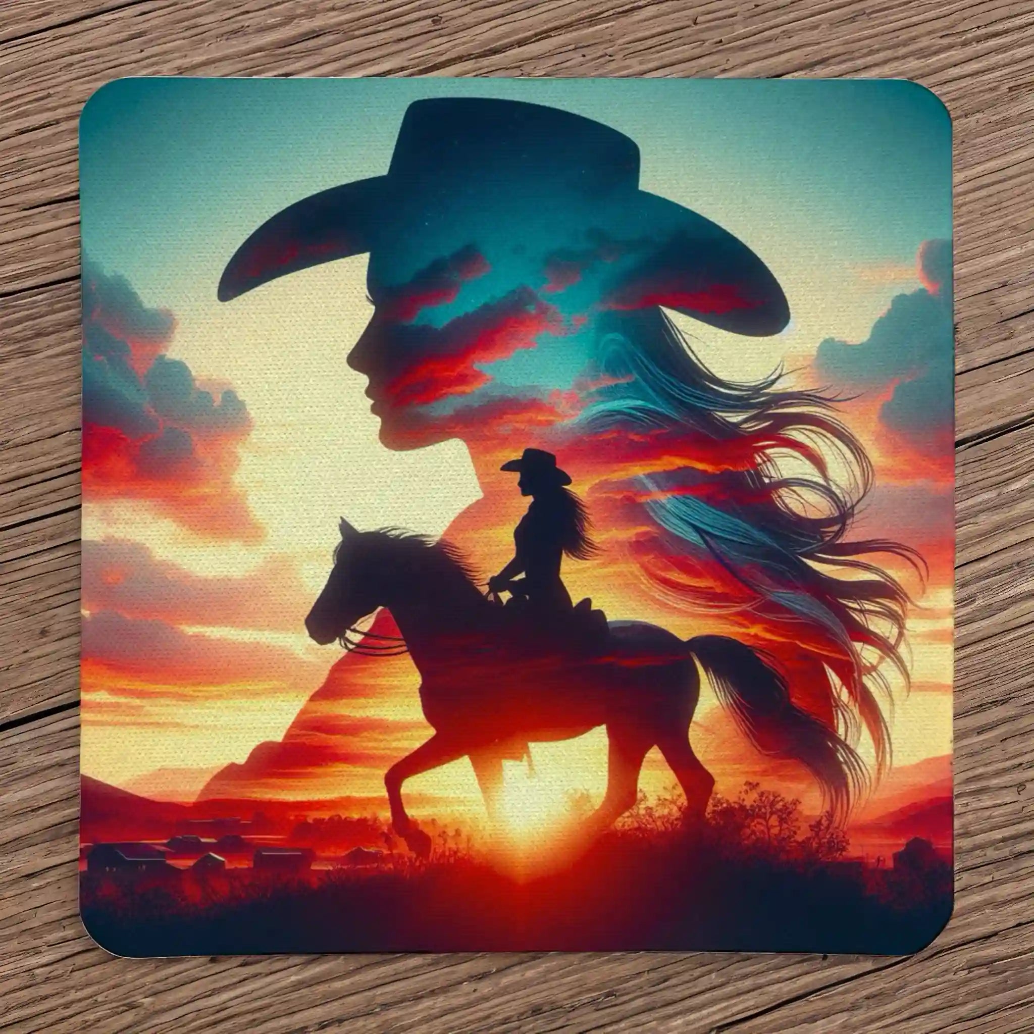 Sunset Cowgirl Silhouette style 1 neoprene coasters by Laser Design Creations, featuring double exposure silhouette art of a cowgirl and horse with a sunset backdrop.