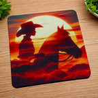Side view of Sunset Cowgirl Silhouette style 2 neoprene coasters, showcasing a double exposure silhouette of a cowgirl and her horse against a rustic western sunset background by Laser Design Creations.