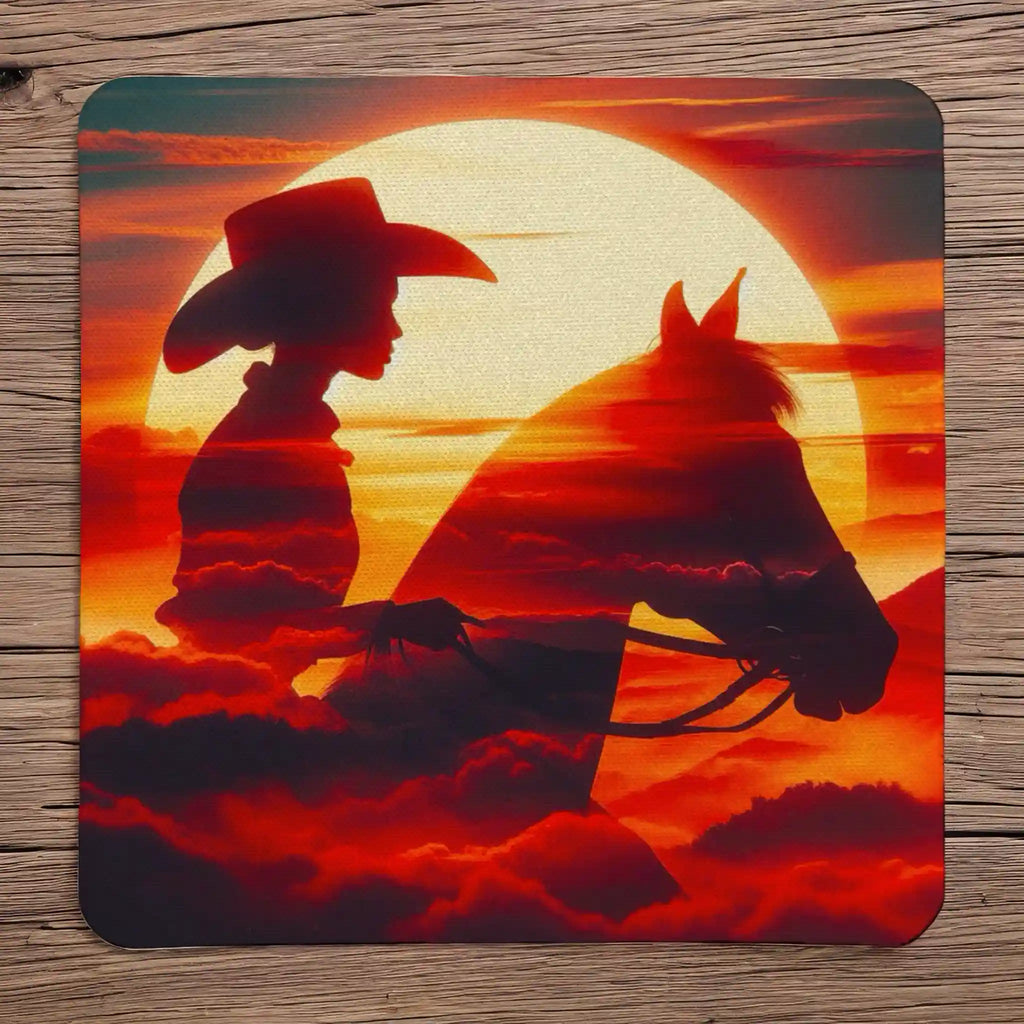 Sunset Cowgirl Silhouette style 2 neoprene coasters by Laser Design Creations, featuring double exposure silhouette art of a cowgirl and horse with a sunset backdrop.