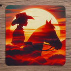 Sunset Cowgirl Silhouette style 2 neoprene coasters by Laser Design Creations, featuring double exposure silhouette art of a cowgirl and horse with a sunset backdrop.