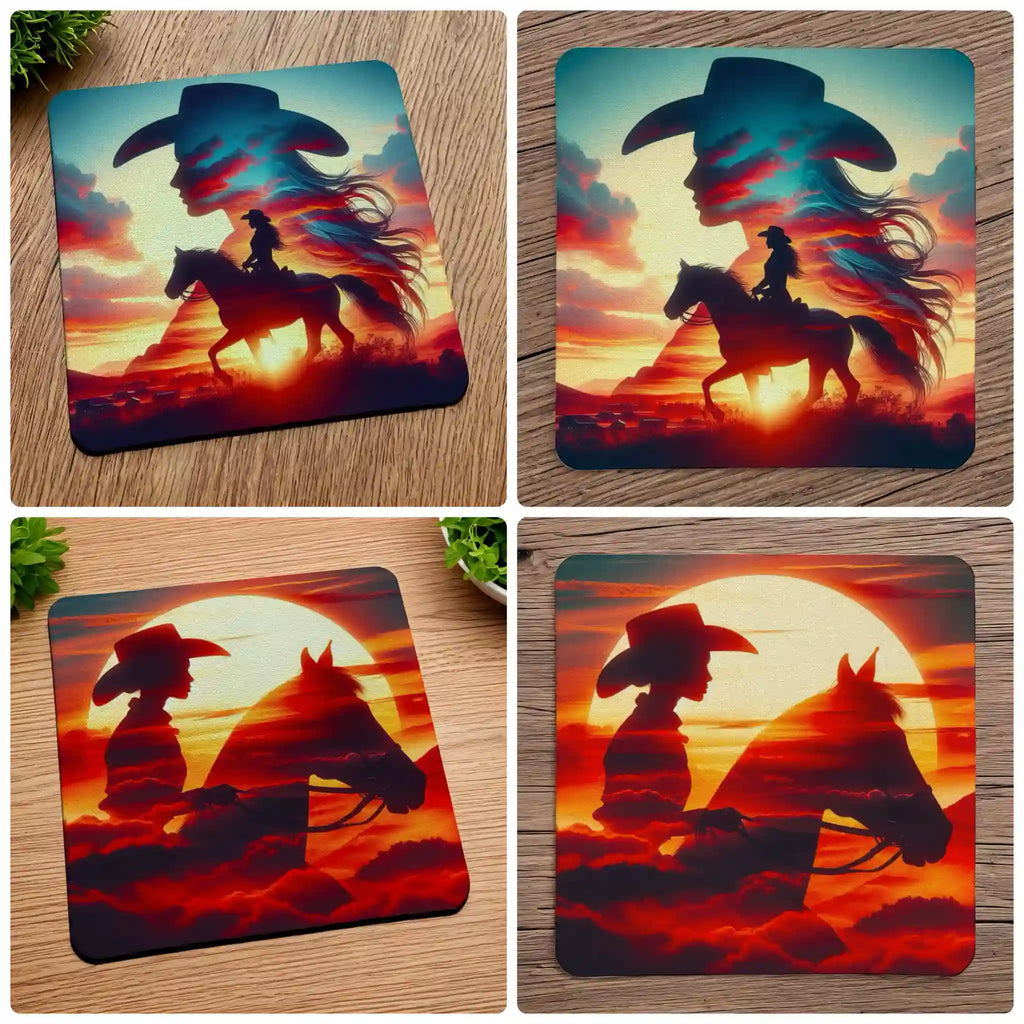 Sunset Cowgirl Silhouette collage neoprene coasters by Laser Design Creations, featuring double exposure silhouette art of a cowgirl and horse with a sunset backdrop.