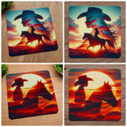 Sunset Cowgirl Silhouette collage neoprene coasters by Laser Design Creations, featuring double exposure silhouette art of a cowgirl and horse with a sunset backdrop.