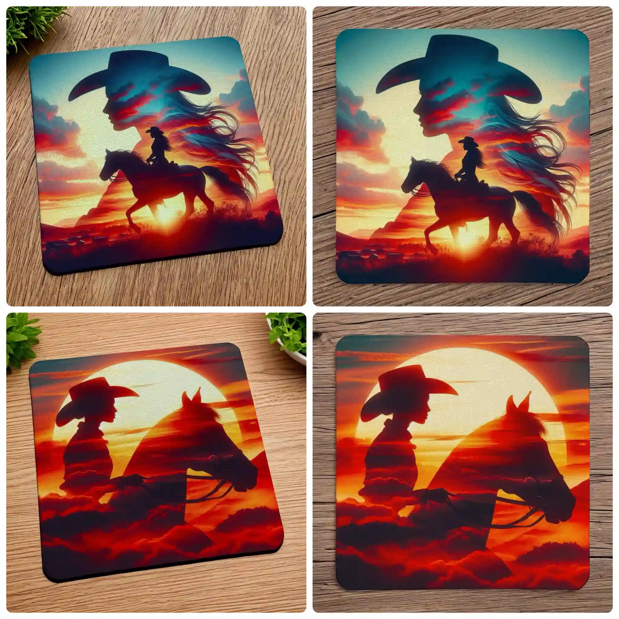 Sunset Cowgirl Silhouette collage neoprene coasters by Laser Design Creations, featuring double exposure silhouette art of a cowgirl and horse with a sunset backdrop.