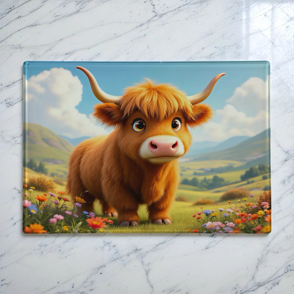 Cute Highland cow in a colourful wildflower meadow chopping board from Laser Design Creations