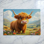 Cute Highland cow in a colourful wildflower meadow chopping board from Laser Design Creations