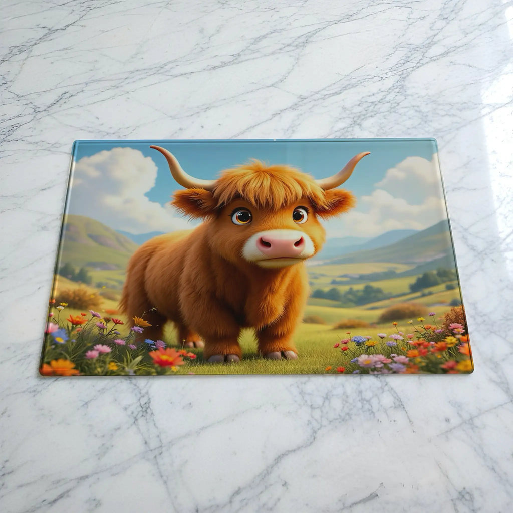 Sweet Highland Cow chopping board by Laser Design Creations, featuring a cute cartoon baby cow sitting in a vibrant meadow of colourful wildflowers