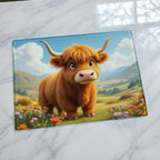 Whimsical Highland cow illustration chopping board from Laser Design Creations featuring a sweet calf sitting amongst bright, colourful wildflowers