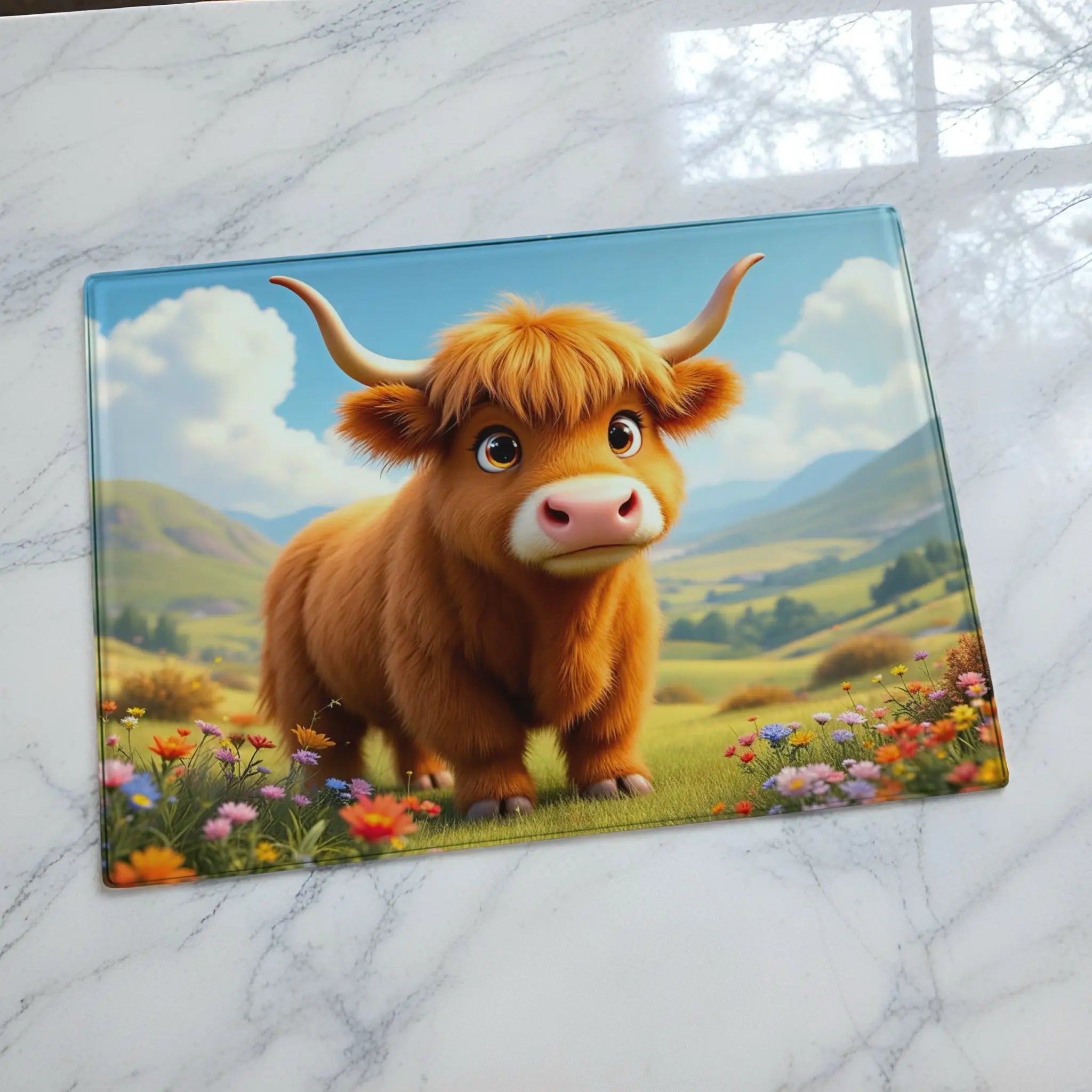 Whimsical Highland cow illustration chopping board from Laser Design Creations featuring a sweet calf sitting amongst bright, colourful wildflowers