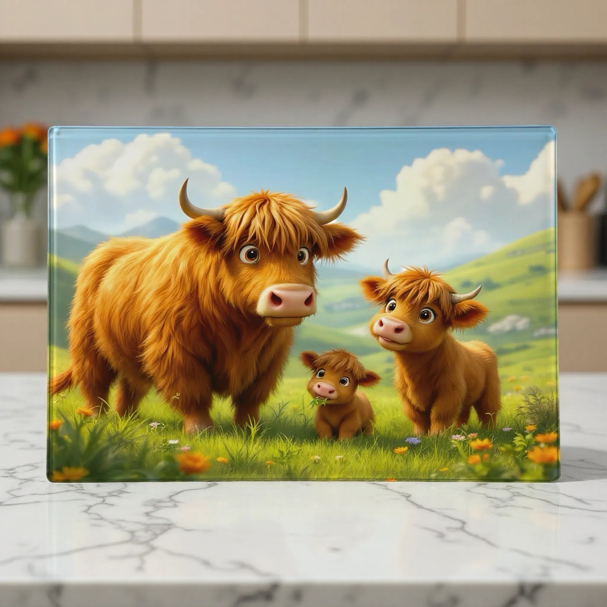 Cute whimsical cartoon Highland cow family in a grassy meadow glass chopping board from Laser Design Creations