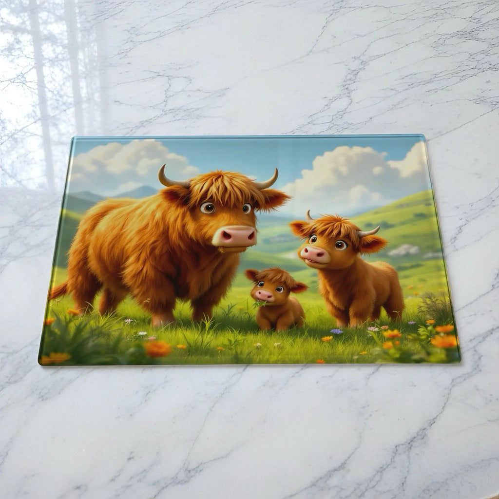 Sweet Highland Cow Family glass chopping board by Laser Design Creations, featuring a cute whimsical cartoon illustration of a cow family standing in a lush green meadow.