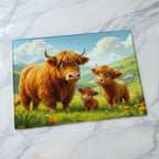 Cute cartoon Highland cow family glass chopping board from Laser Design Creations featuring a whimsical illustration of furry Scottish cattle in a green meadow.