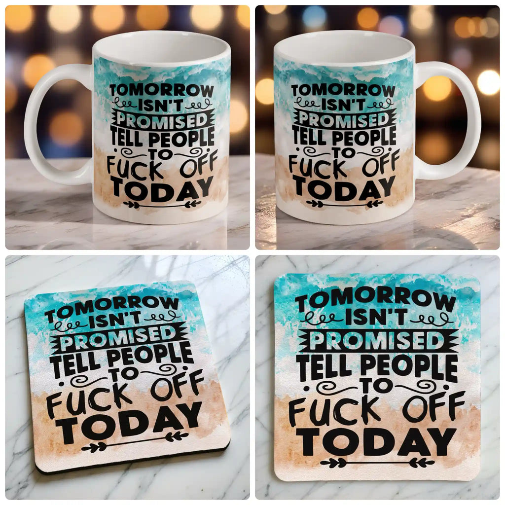 Tell People To F*ck Off Today beach quote mug and coaster combo gift set collage, sarcastic watercolor beach background, by Laser Design Creations.