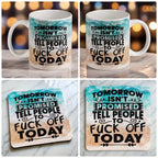 Tell People To F*ck Off Today beach quote mug and coaster combo gift set collage, sarcastic watercolor beach background, by Laser Design Creations.