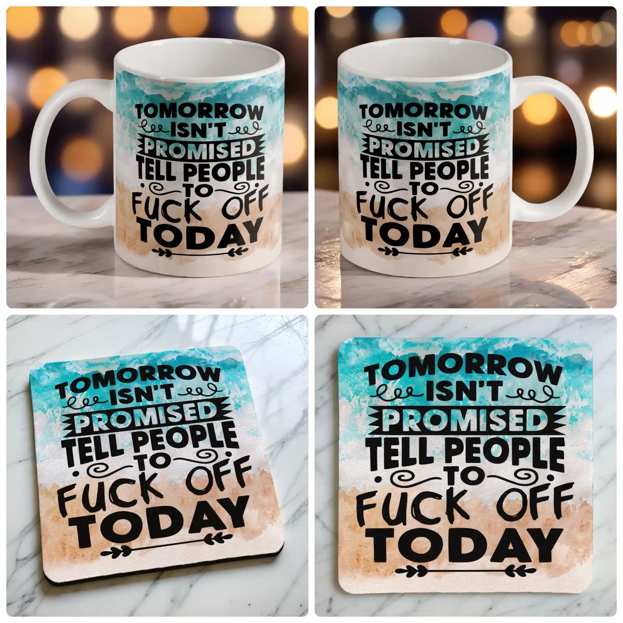 Tell People To F*ck Off Today beach quote mug and coaster combo gift set collage, sarcastic watercolor beach background, by Laser Design Creations.