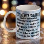 The F*ckening Definition Blue Sky ceramic mug by Laser Design Creations, featuring a funny, sarcastic dictionary definition on a bright blue sky background.