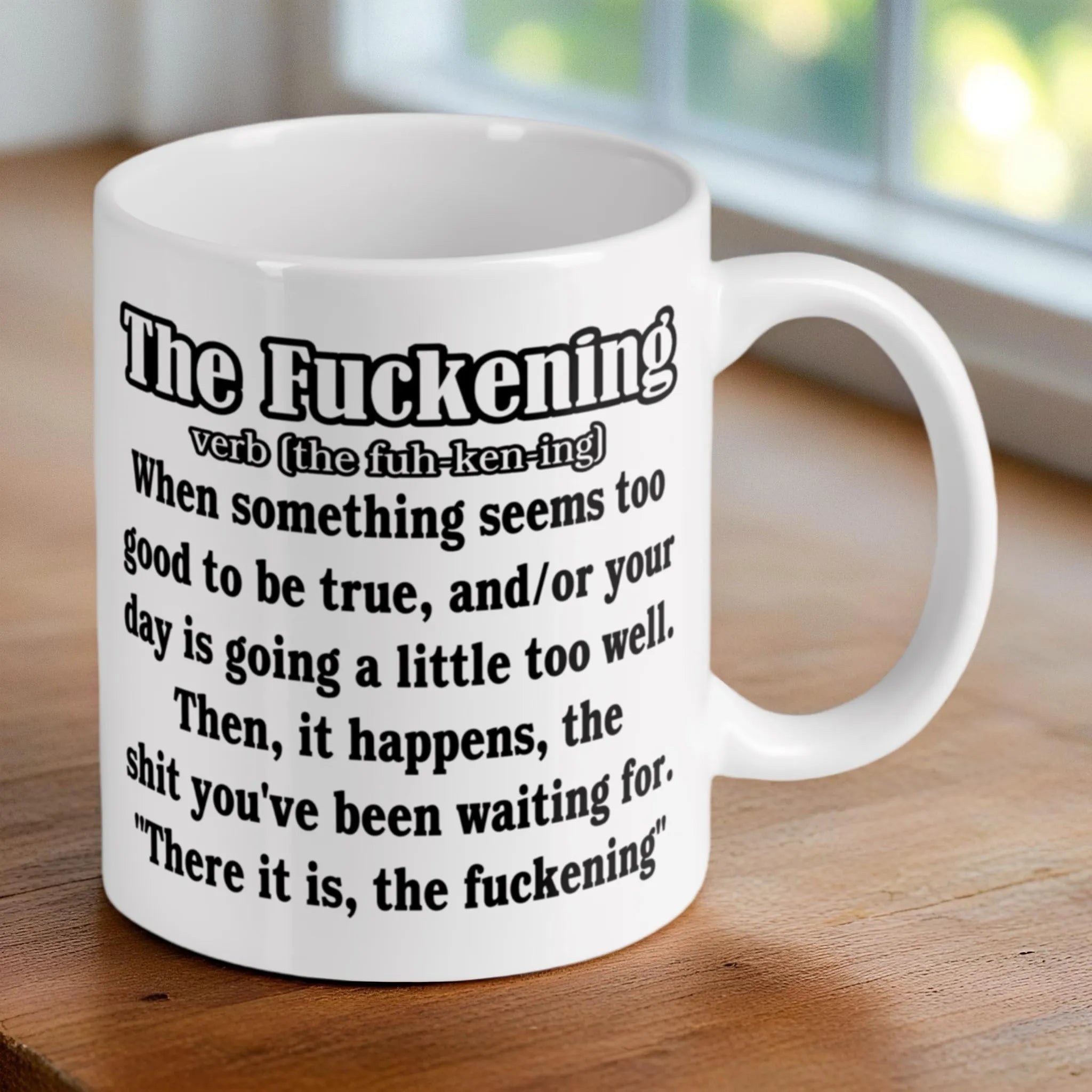 Reverse side of 'The F*ckening' Definition ceramic mug, showcasing the wrap-around artwork by Laser Design Creations.