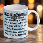 Reverse side of The F*ckening Definition Blue Sky mug, showing the humorous dictionary definition of the word F*ckening against a beautiful blue sky scene by Laser Design Creations.