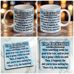 The F*ckening Definition Blue Sky mug and coaster combo gift set collage, showing the sarcastic definition theme on a bright blue sky background, by Laser Design Creations.