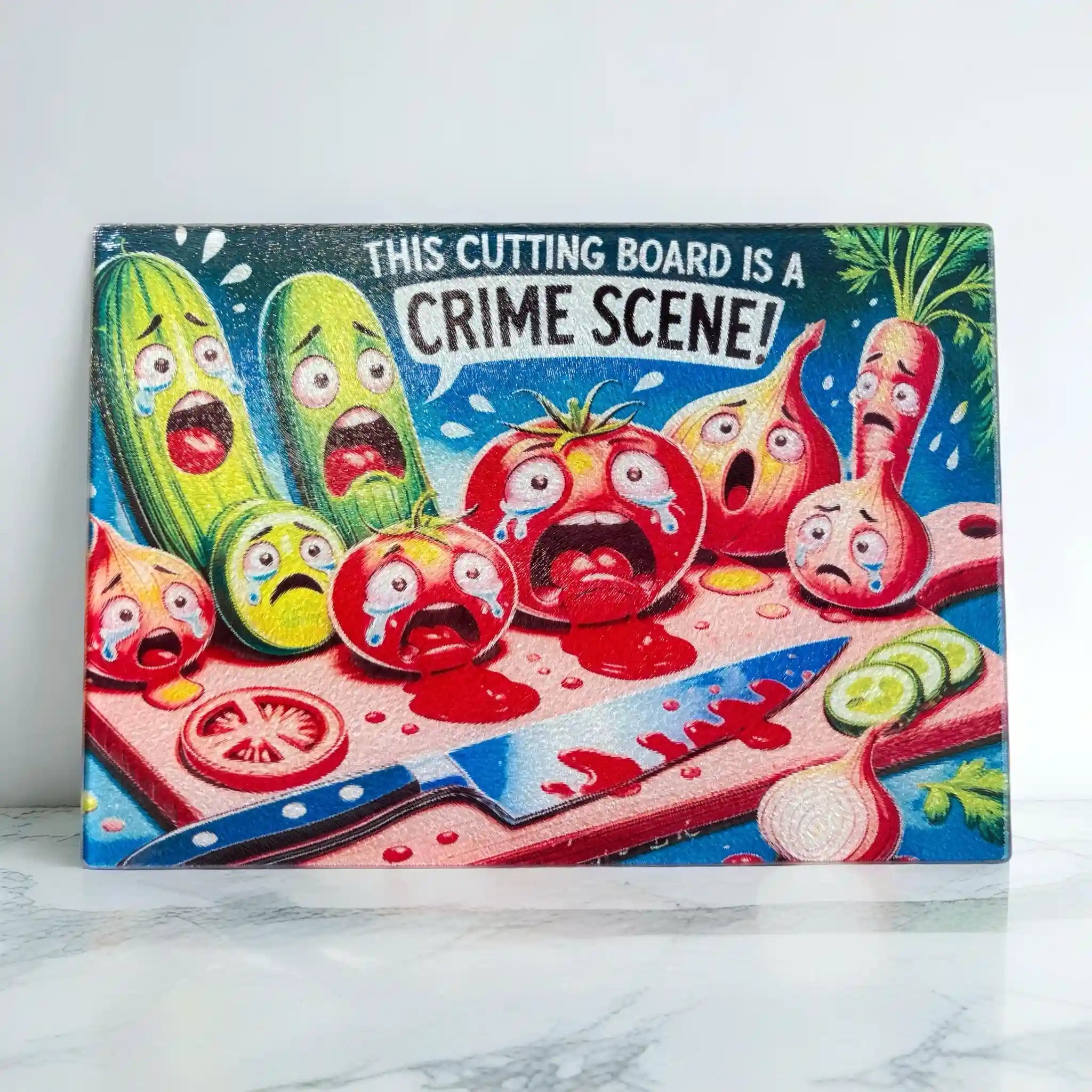 A humorous cartoon design of a vegetable crime scene with scared and crying vegetables chopping board from Laser Design Creations