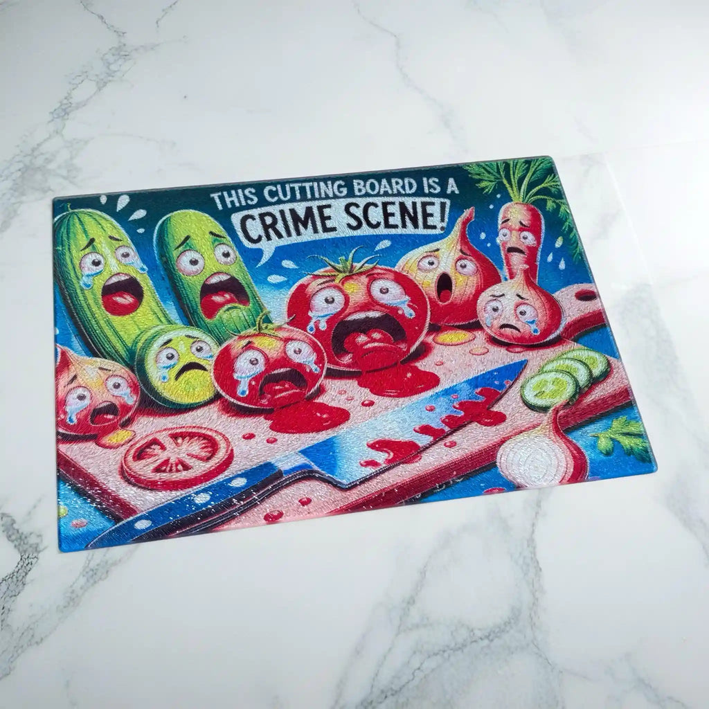 Scared Crying Vegetables Crime Scene chopping board by Laser Design Creations, featuring a quirky, dark humour illustration of cartoon vegetables in a mock crime scene on a cutting board surface.