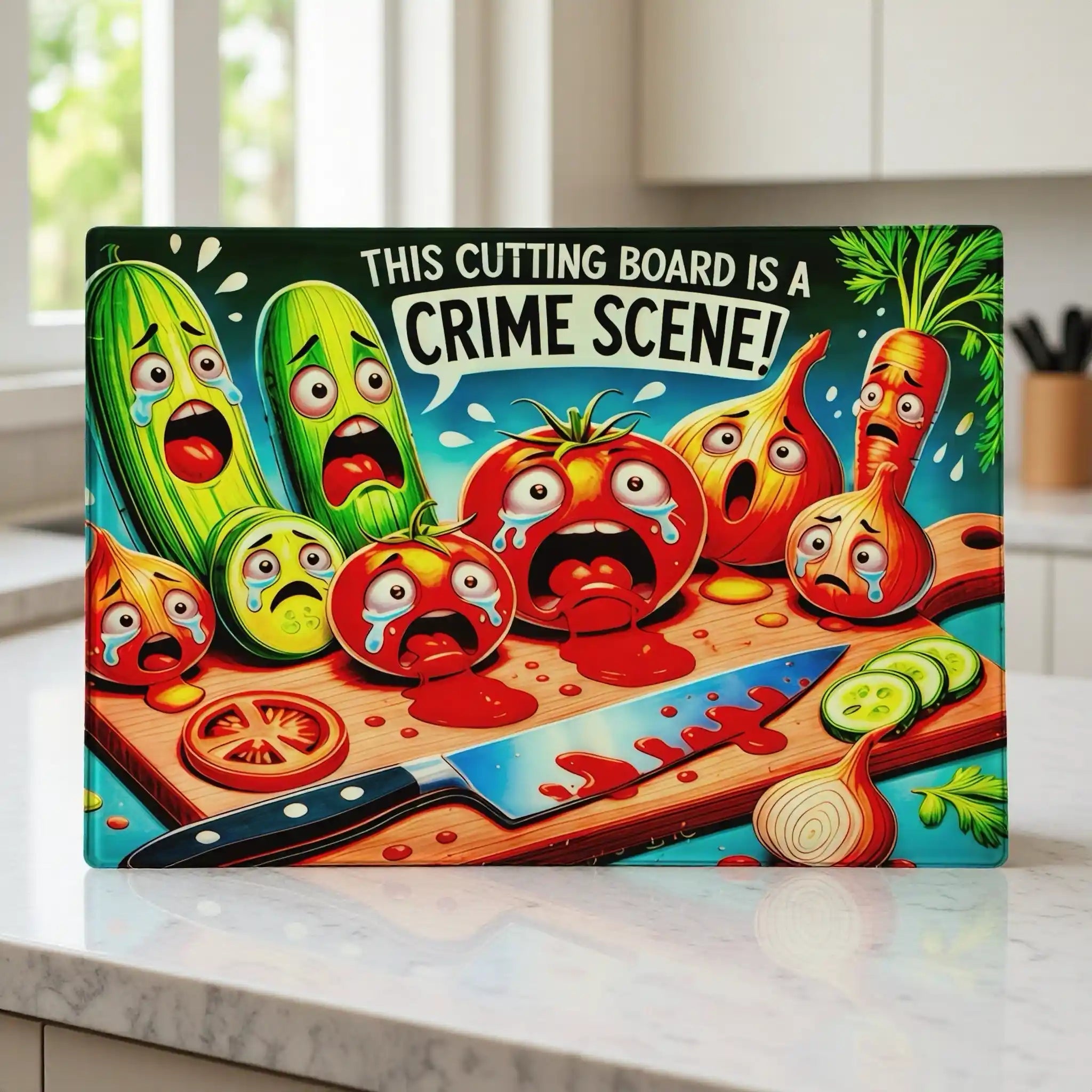 A humorous cartoon design of a vegetable crime scene with scared and crying vegetables chopping board from Laser Design Creations
