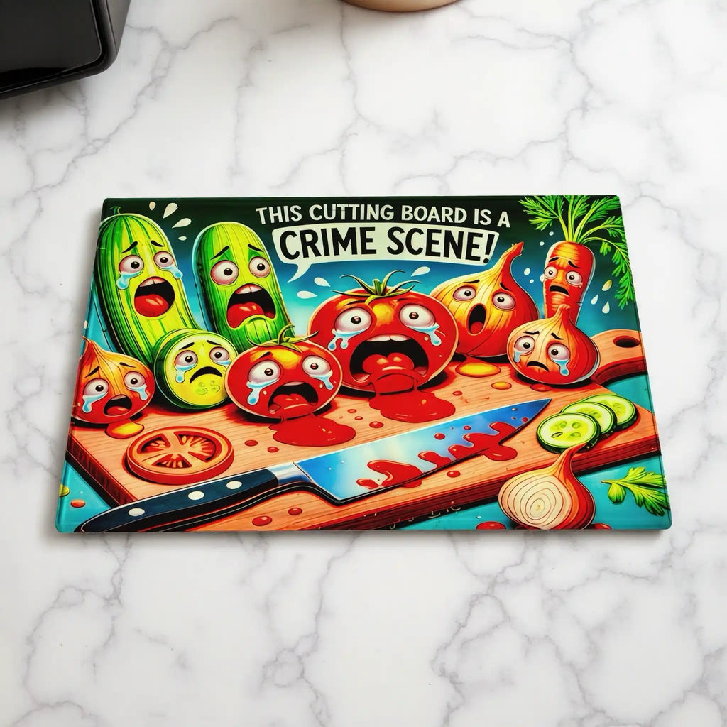 Scared Crying Vegetables Crime Scene chopping board by Laser Design Creations, featuring a quirky, dark humour illustration of cartoon vegetables in a mock crime scene on a cutting board surface.