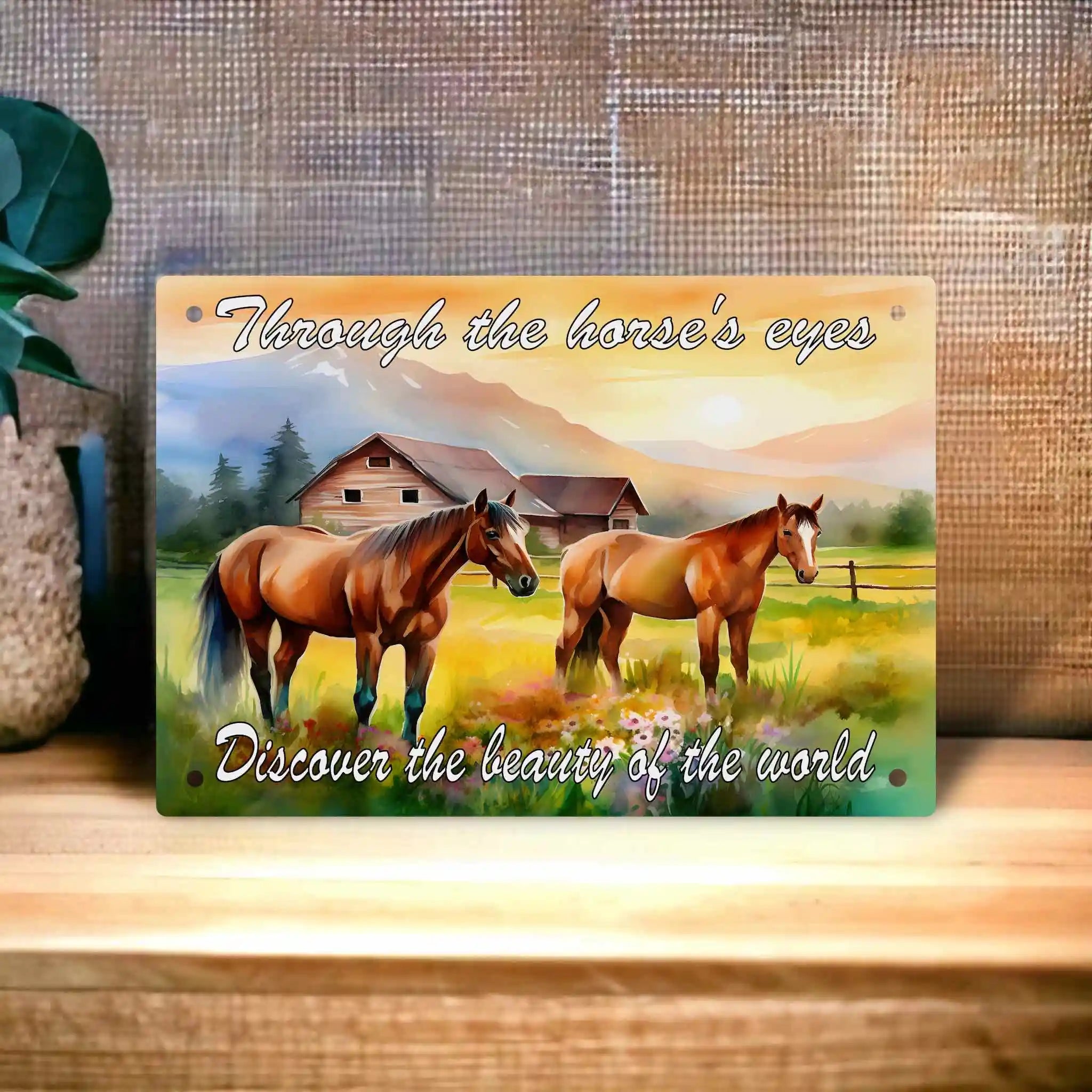 Inspiring Stable Decor Aluminium Sign by Laser Design Creations, featuring 'Through the horse's eyes Discover the beauty of the world' sentiment in a painterly watercolour background.