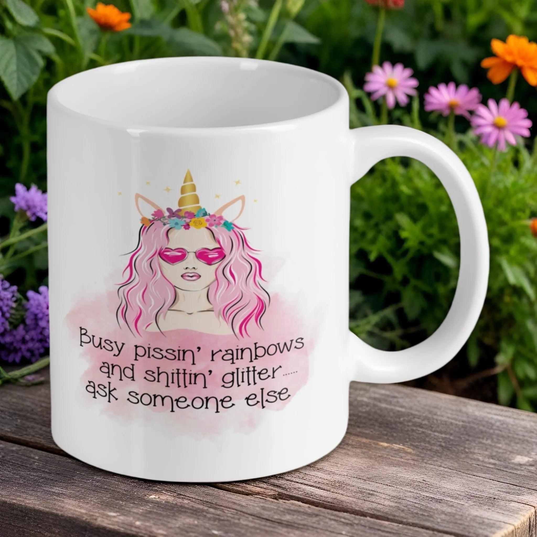 Reverse side of the 'Busy Pissin' Rainbows' ceramic mug, showcasing the wrap-around artwork by Laser Design Creations.