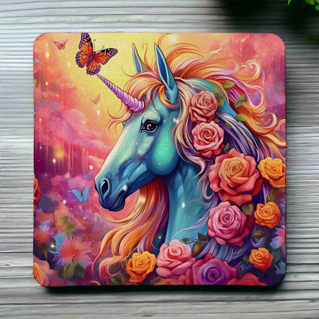 Top view of a set of four Vibrant Unicorn neoprene coasters with a magical design of a unicorn, roses, and butterflies, by Laser Design Creations.