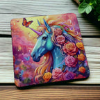 Side view of a set of four Vibrant Unicorn neoprene coasters with colourful fantasy artwork, by Laser Design Creations.