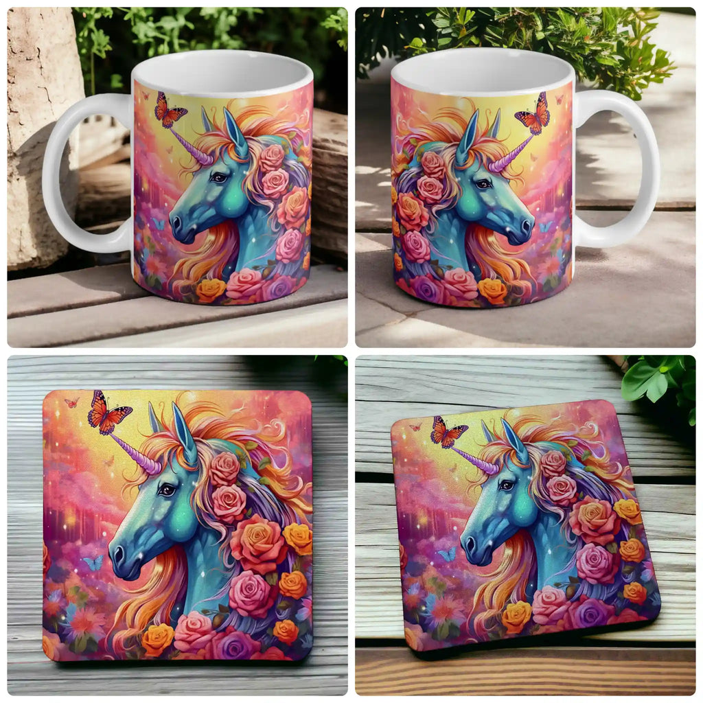 Vibrant Unicorn Rose Garden mug and coaster combo gift set collage, featuring a majestic unicorn and colourful floral background, by Laser Design Creations.