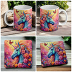 Vibrant Unicorn Rose Garden mug and coaster combo gift set collage, featuring a majestic unicorn and colourful floral background, by Laser Design Creations.