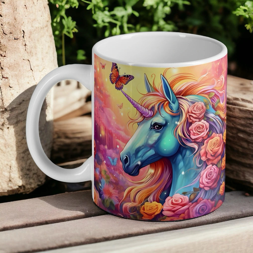 Vibrant Unicorn Rose Garden ceramic mug by Laser Design Creations, featuring a blue unicorn with a rainbow mane and colourful roses.
