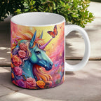 Reverse side of Vibrant Unicorn Rose Garden mug, showing a magical unicorn against a dreamy sky by Laser Design Creations.
