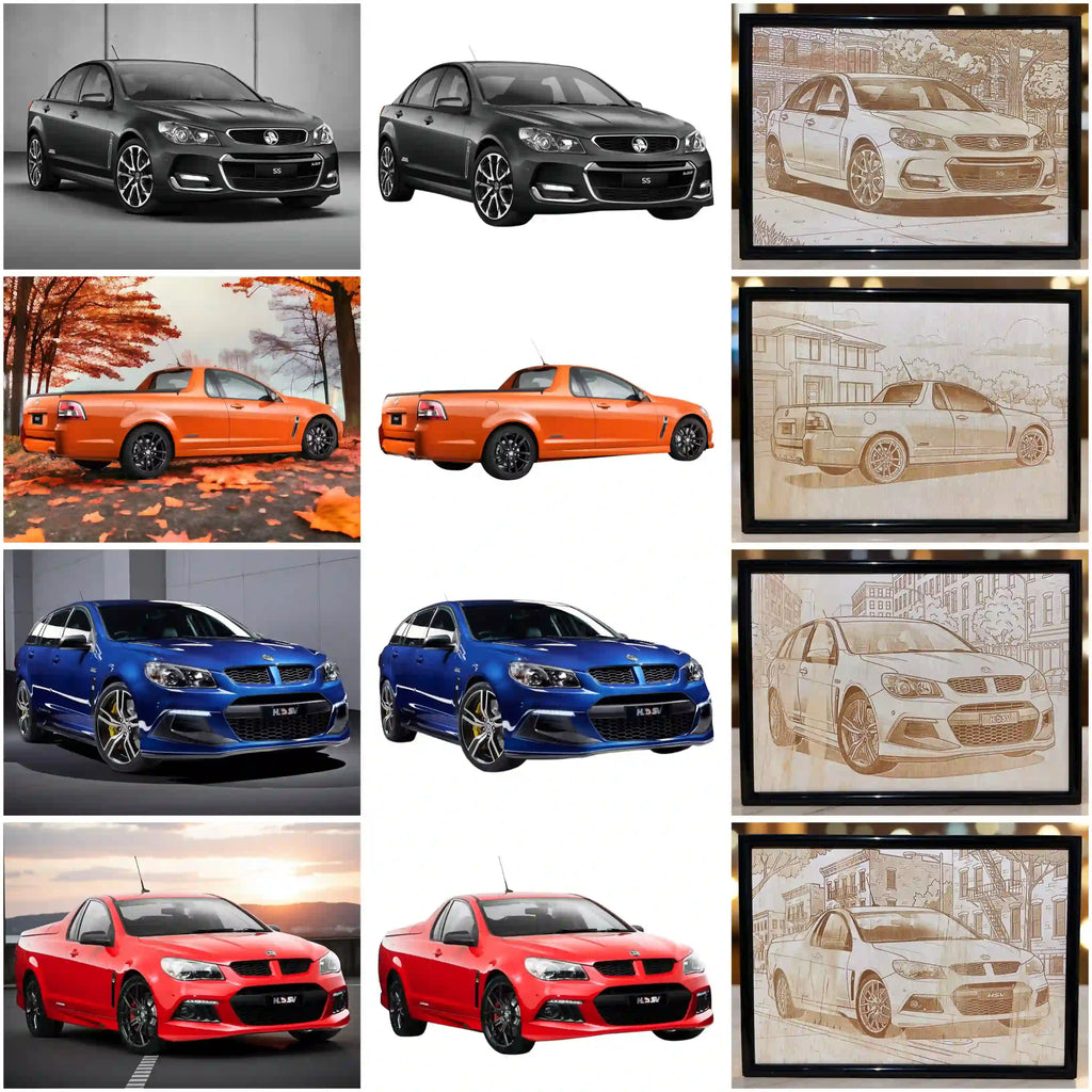 A custom personalised before/after car photos transformed into a minimalist line art wood design, an ideal gift for car lovers by Laser Design Creations